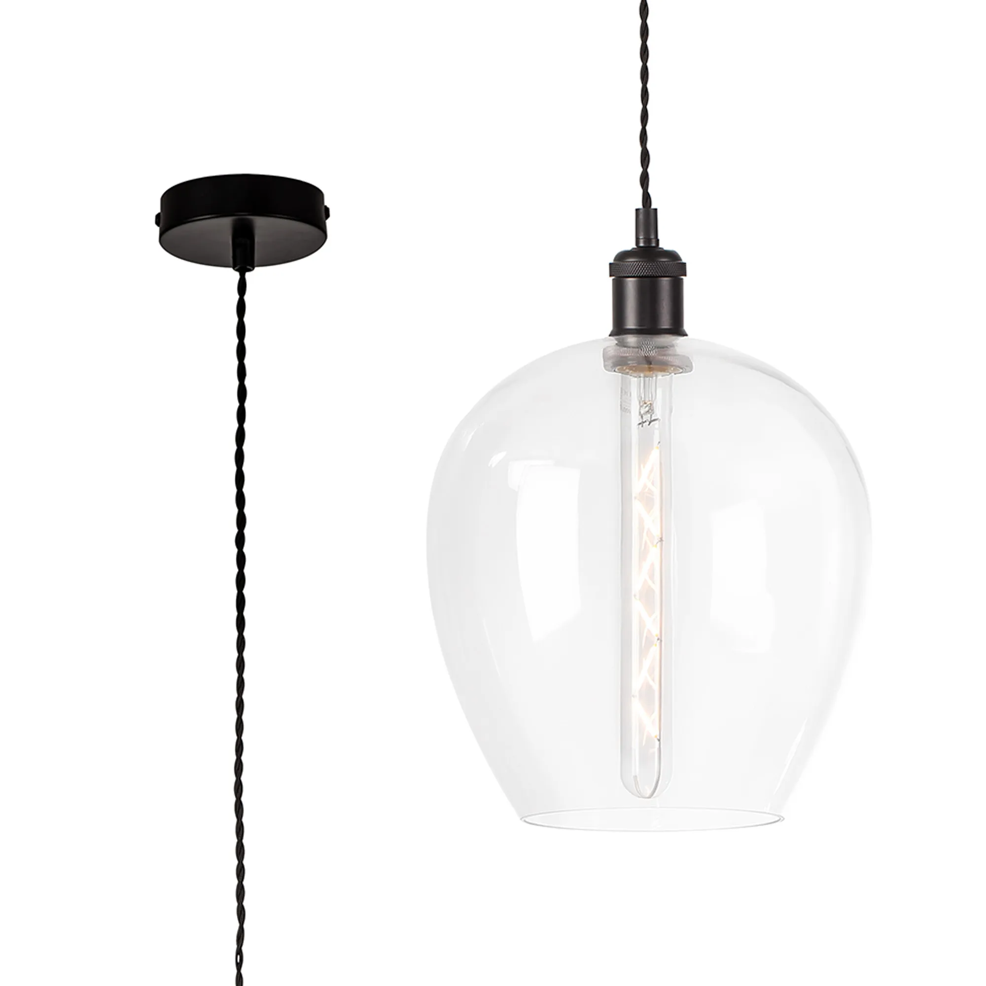 DK1108  Cawdor Single Pendant, 1 Light E27, Matt Black/Black/Clear Wine Glass